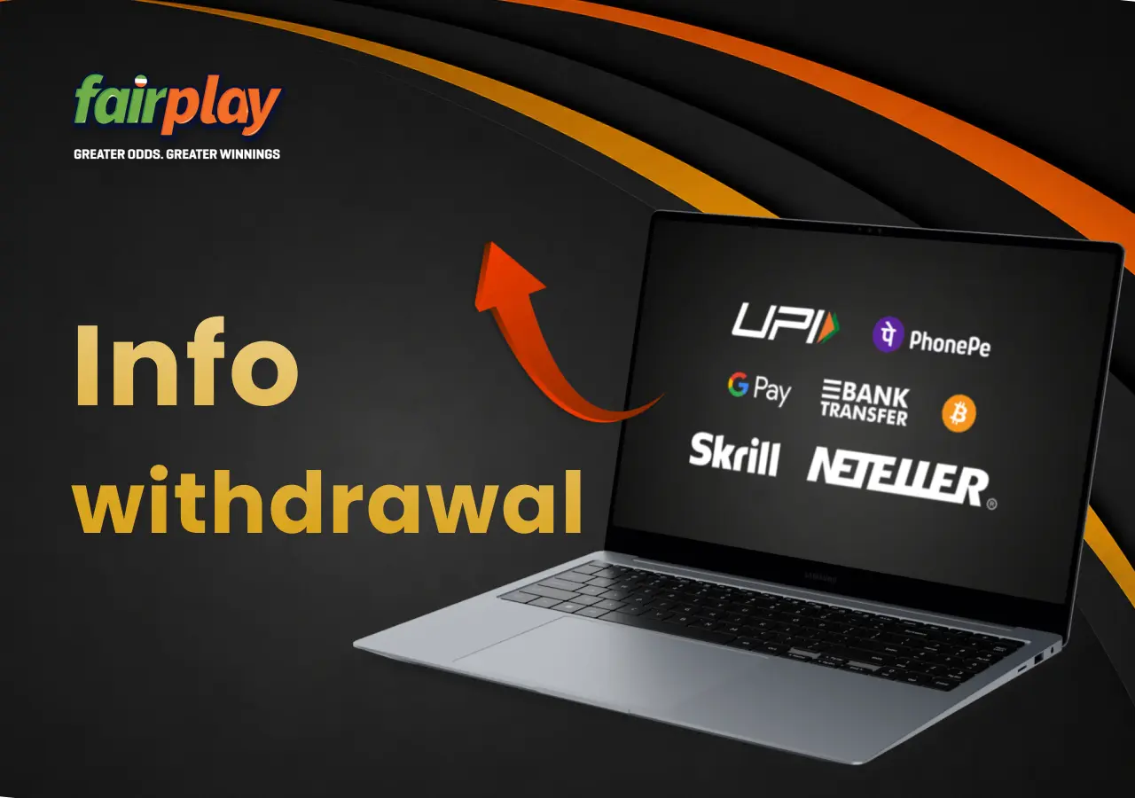 FairPlay withdrawal methods page displayed on a laptop with an arrow highlighting options.