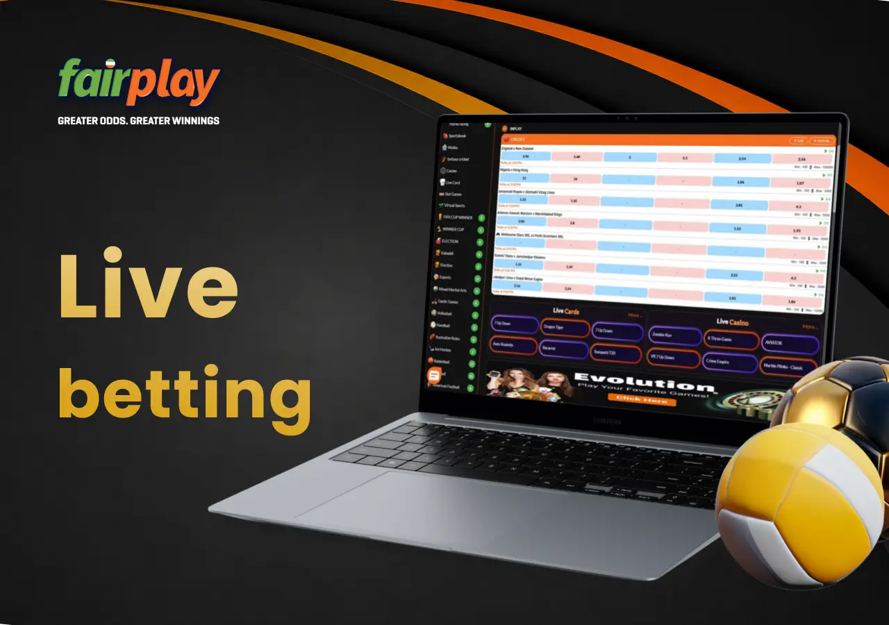 FairPlay live sports betting section displayed on a laptop with football and volleyballs beside the screen.